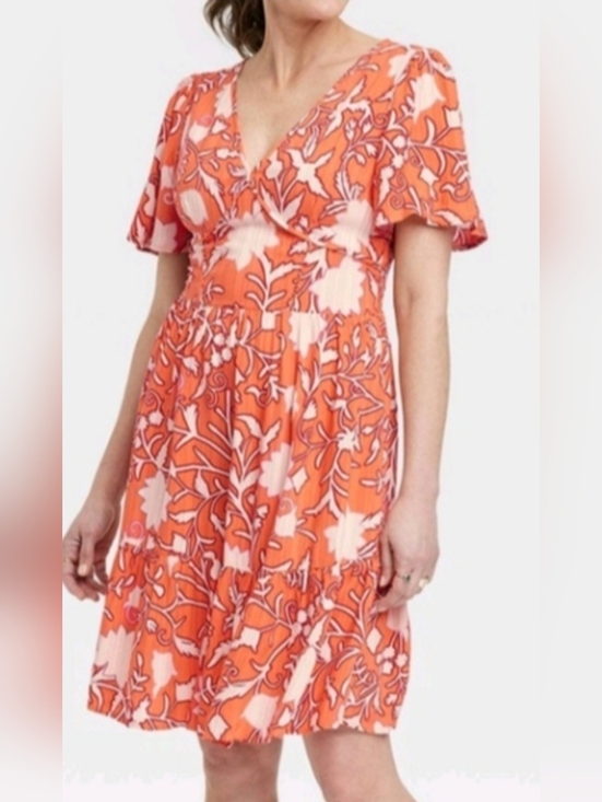 Knox Rose Dresses & Skirts - Knox Rose A-Line Dress Womens Large Flutter-Sleeves Orange & White Floral Rayon